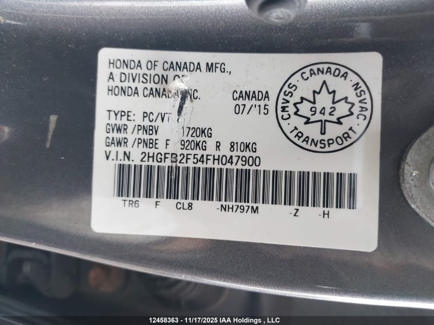 2015 Honda Civic Lx VIN: 2HGFB2F54FH047900 Lot: 12458363