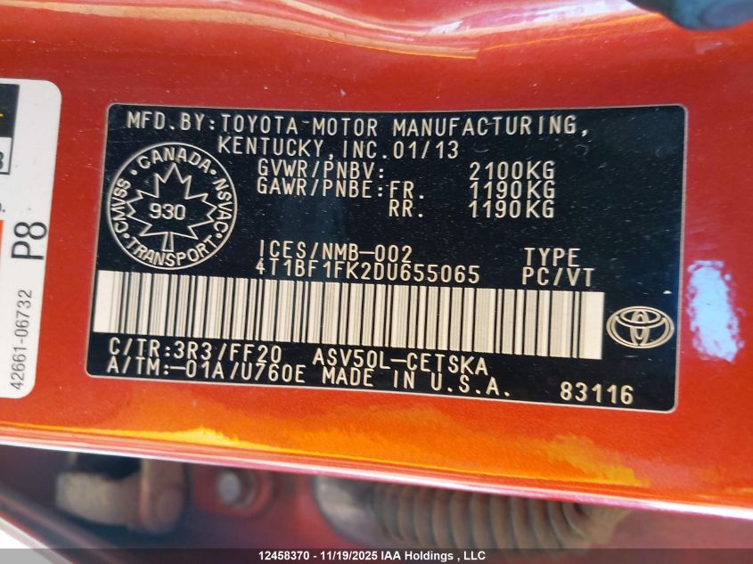 2013 Toyota Camry L/Se/Le/Xle VIN: 4T1BF1FK2DU655065 Lot: 12458370