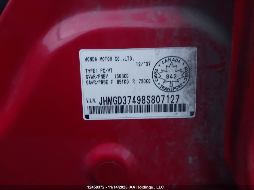 2008 Honda Fit VIN: JHMGD37498S807127 Lot: 12458372