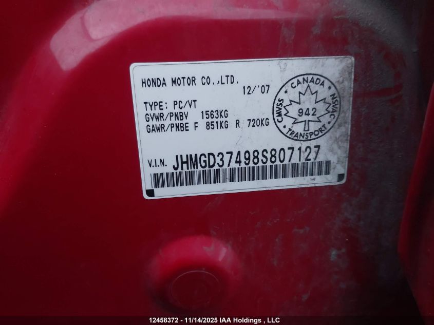 2008 Honda Fit VIN: JHMGD37498S807127 Lot: 12458372