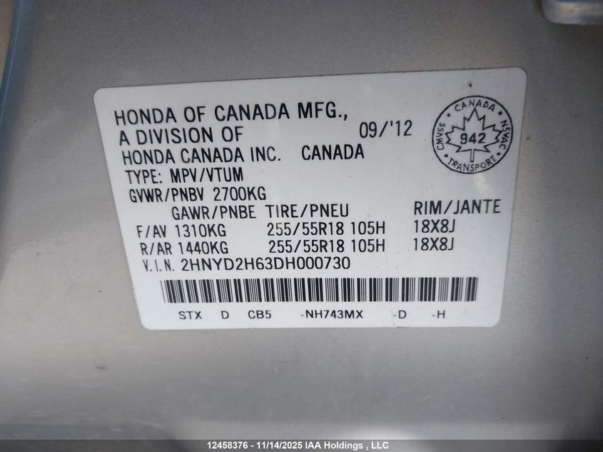 2HNYD2H63DH000730 2013 ACURA MDX photo no. 9