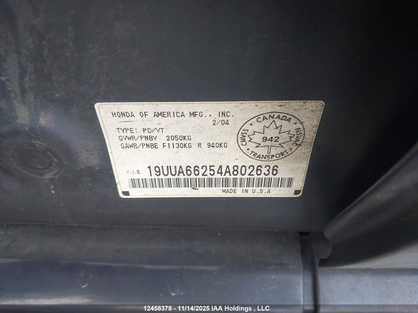 2004 Acura Tl VIN: 19UUA66254A802636 Lot: 12458378