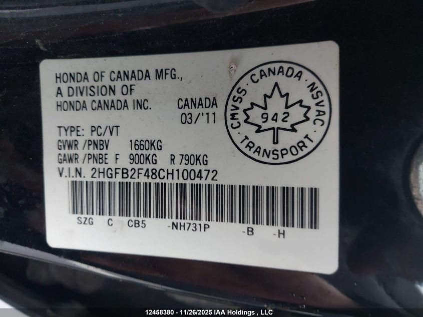 2012 Honda Civic Lx VIN: 2HGFB2F48CH100472 Lot: 12458380