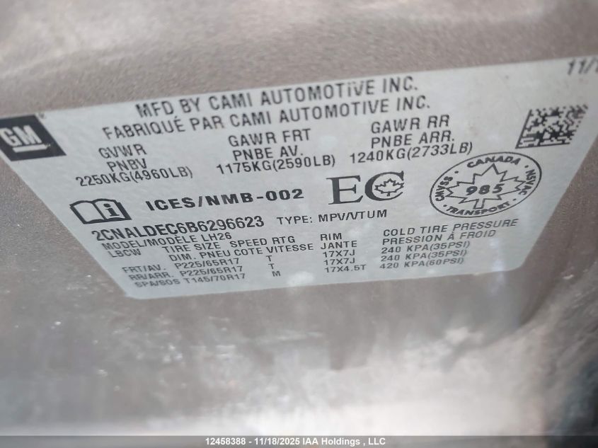 2011 Chevrolet Equinox VIN: 2CNALDEC6B6296623 Lot: 12458388