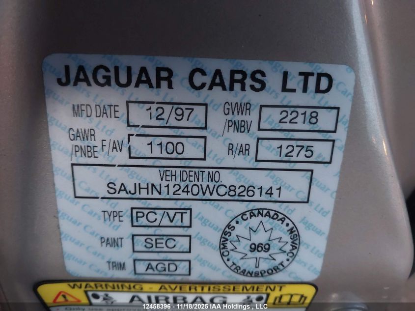 1998 Jaguar Xj8 VIN: SAJHN1240WC826141 Lot: 12458396