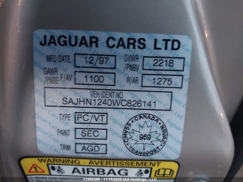 1998 Jaguar Xj8 VIN: SAJHN1240WC826141 Lot: 12458396