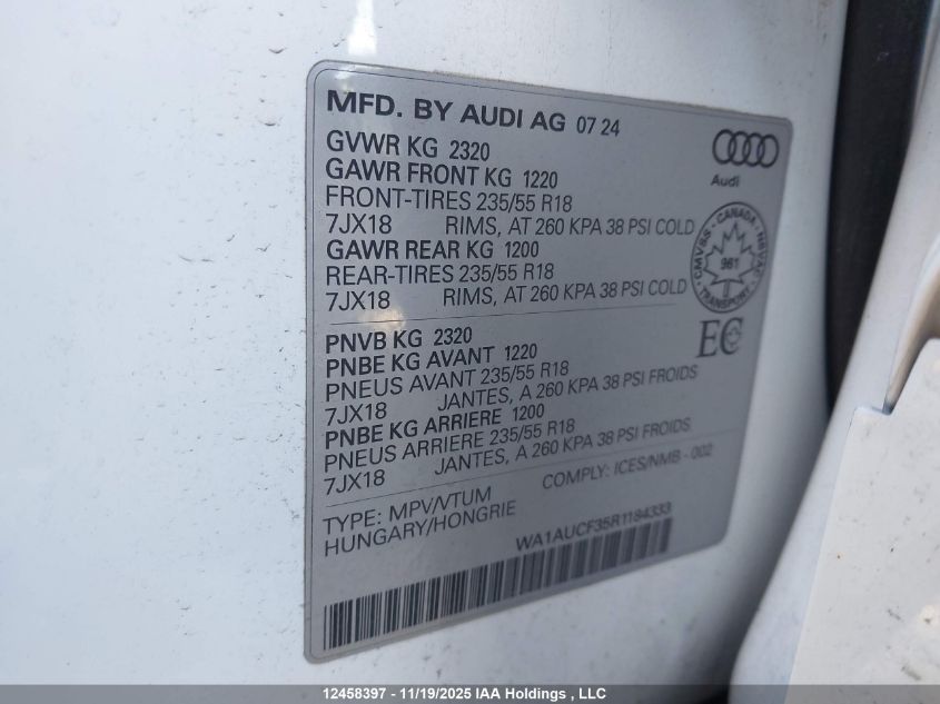 2024 Audi Q3 40 Komfort VIN: WA1AUCF35R1184333 Lot: 12458397