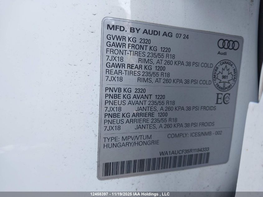 2024 Audi Q3 40 Komfort VIN: WA1AUCF35R1184333 Lot: 12458397
