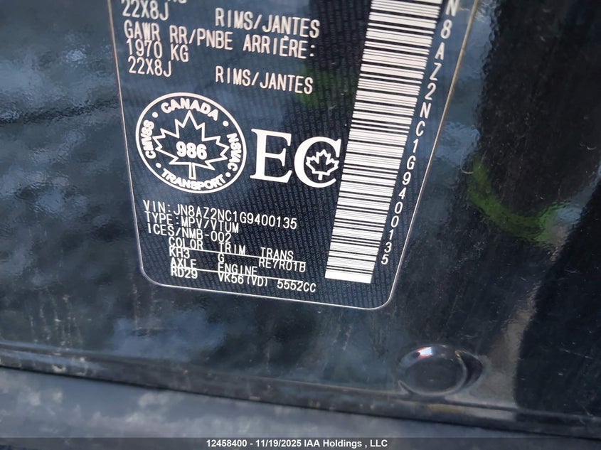 2016 Infiniti Qx80 Base 7 Passenger/Base 8 Passenger/Limited 7 Passenger VIN: JN8AZ2NC1G9400135 Lot: 12458400