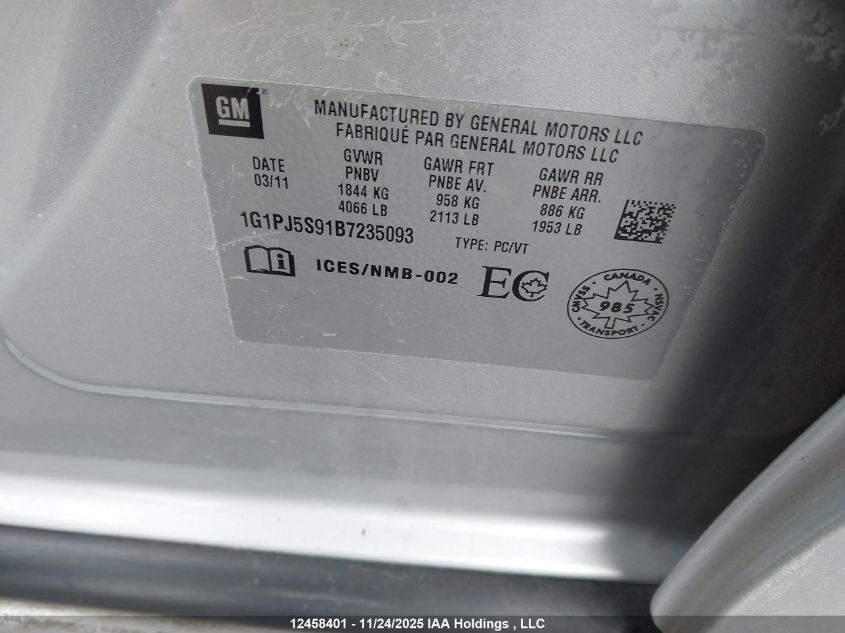 2011 Chevrolet Cruze Eco VIN: 1G1PJ5S91B7235093 Lot: 12458401