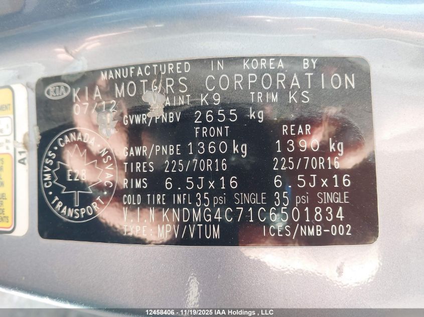 2012 Kia Sedona Lx VIN: KNDMG4C71C6501834 Lot: 12458406