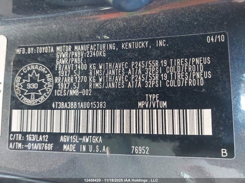 2010 Toyota Venza VIN: 4T3BA3BB1AU015383 Lot: 12458420