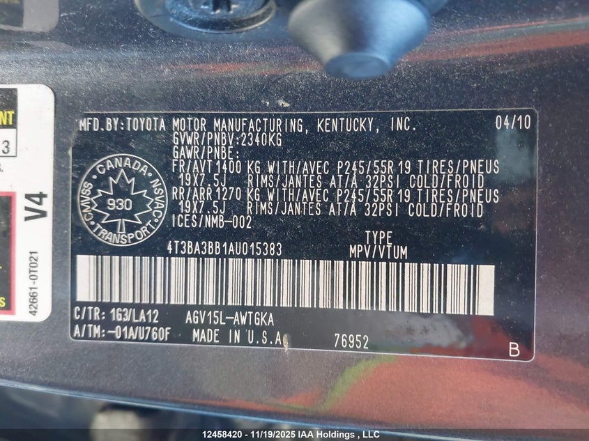 2010 Toyota Venza VIN: 4T3BA3BB1AU015383 Lot: 12458420