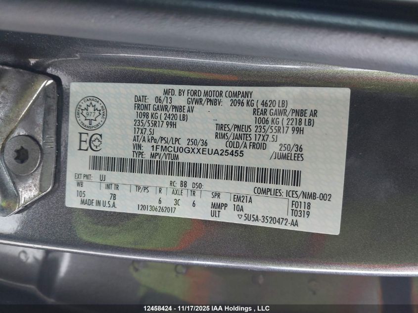 2014 Ford Escape Se VIN: 1FMCU0GXXEUA25455 Lot: 12458424