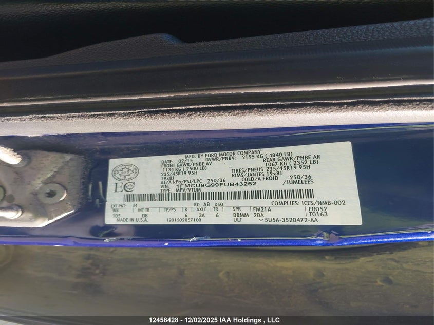 2015 Ford Escape VIN: 1FMCU9G99FUB43262 Lot: 12458428