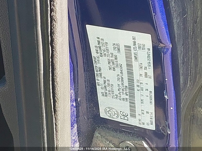 2015 Ford Escape VIN: 1FMCU9G99FUB43262 Lot: 12458428