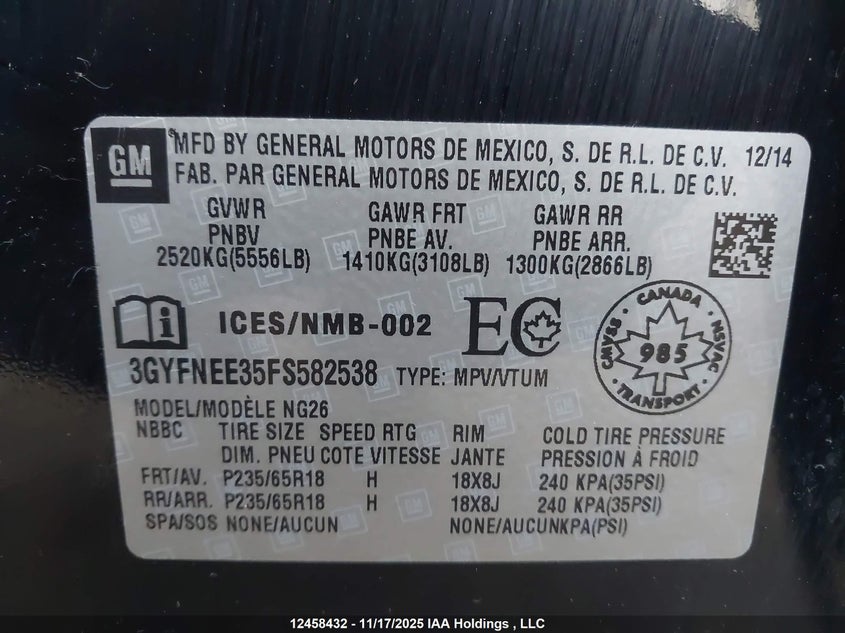 2015 Cadillac Srx Luxury VIN: 3GYFNEE35FS582538 Lot: 12458432