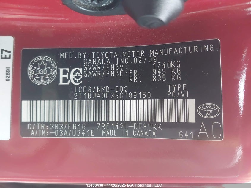 2009 Toyota Corolla S/Le/Xle VIN: 2T1BU40E39C189150 Lot: 12458438