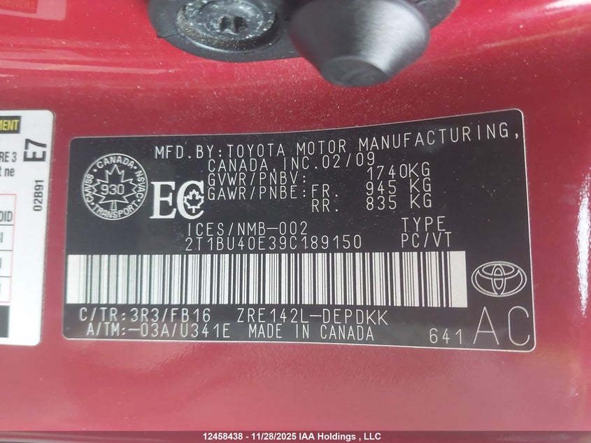 2009 Toyota Corolla S/Le/Xle VIN: 2T1BU40E39C189150 Lot: 12458438