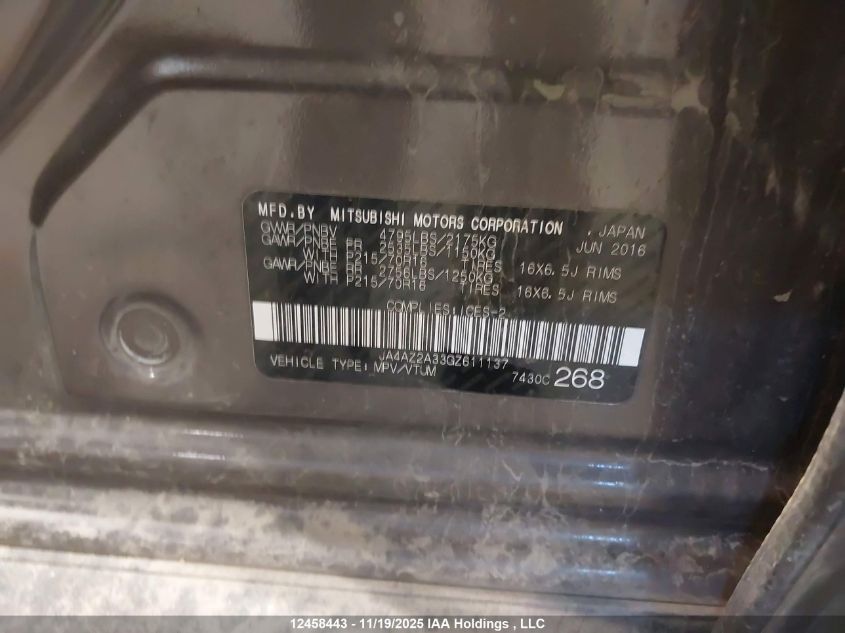 2016 Mitsubishi Outlander Es VIN: JA4AZ2A33GZ611137 Lot: 12458443