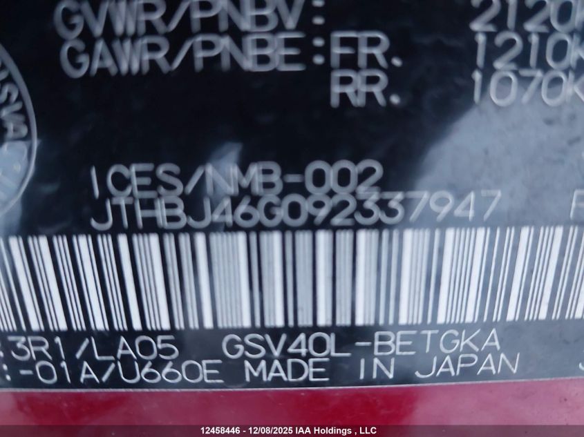 2009 Lexus Es 350 350 VIN: JTHBJ46G092337947 Lot: 12458446