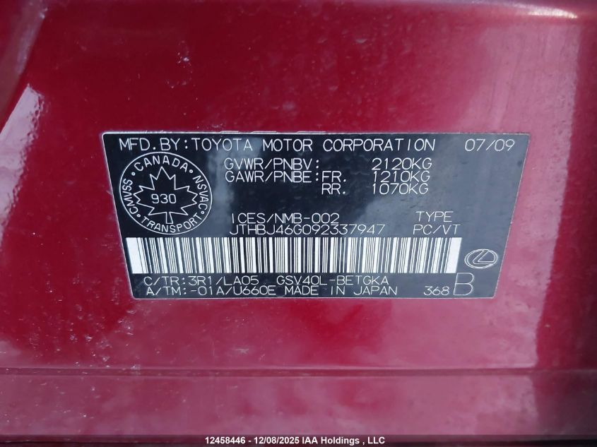 2009 Lexus Es 350 350 VIN: JTHBJ46G092337947 Lot: 12458446