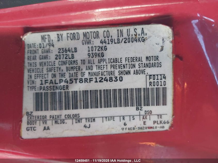 1994 Ford Mustang VIN: 1FALP45T8RF124830 Lot: 12458451