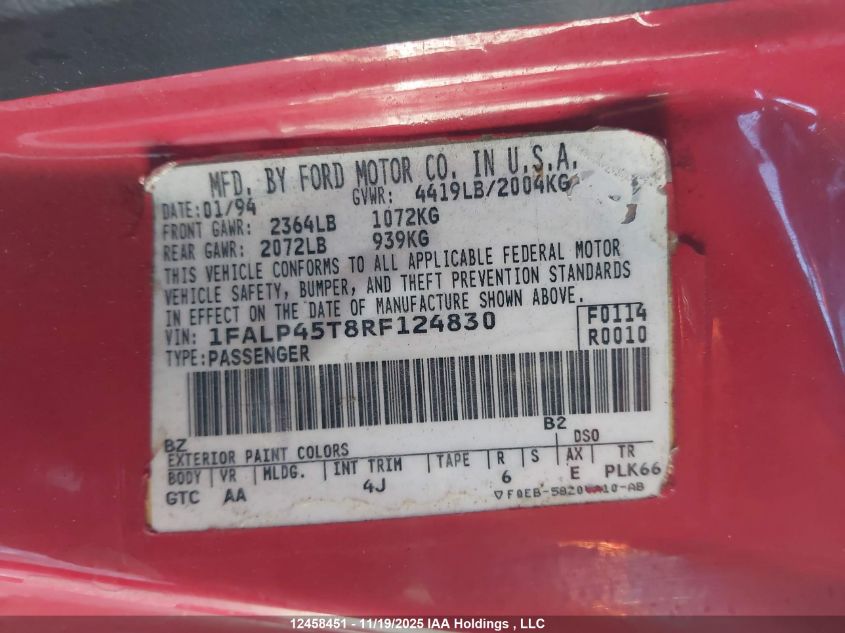 1994 Ford Mustang VIN: 1FALP45T8RF124830 Lot: 12458451
