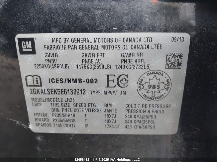 2014 GMC Terrain Slt VIN: 2GKALSEK5E6130912 Lot: 12458462