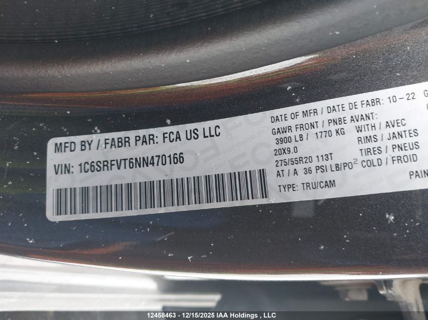 2022 Dodge Ram 1500 VIN: 1C6SRFVT6NN470166 Lot: 12458463