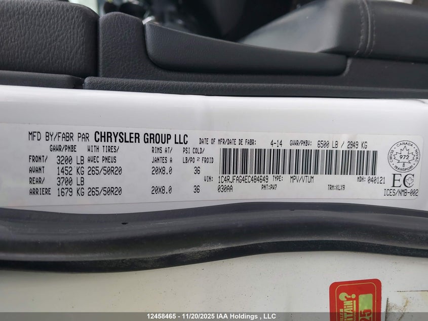 2014 Jeep Grand Cherokee VIN: 1C4RJFAG4EC484649 Lot: 12458465