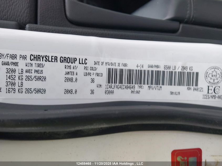 2014 Jeep Grand Cherokee VIN: 1C4RJFAG4EC484649 Lot: 12458465