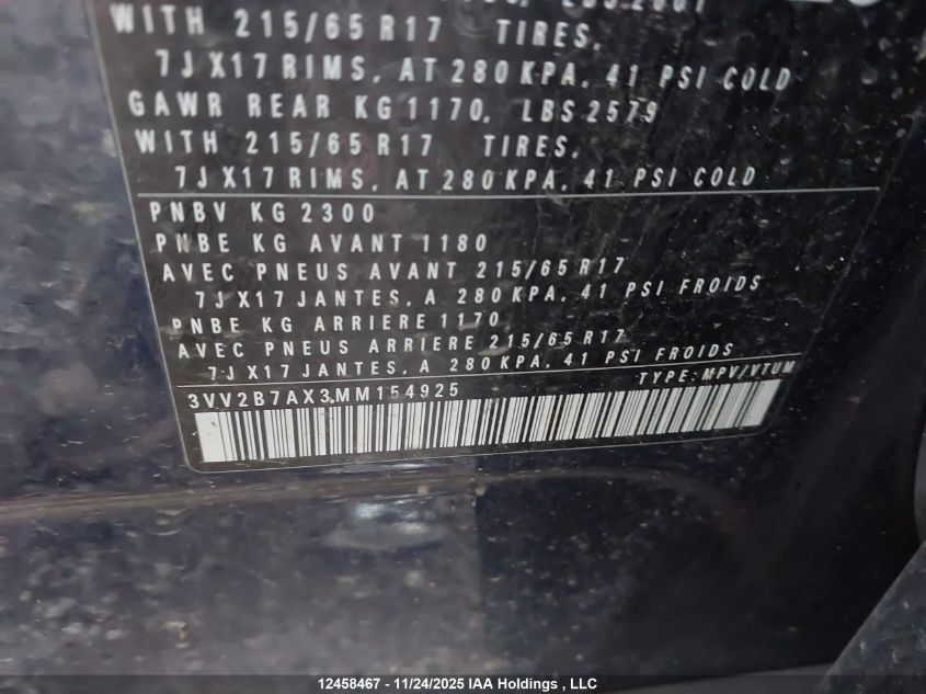 2021 Volkswagen Tiguan Comfortline/United VIN: 3VV2B7AX3MM154925 Lot: 12458467