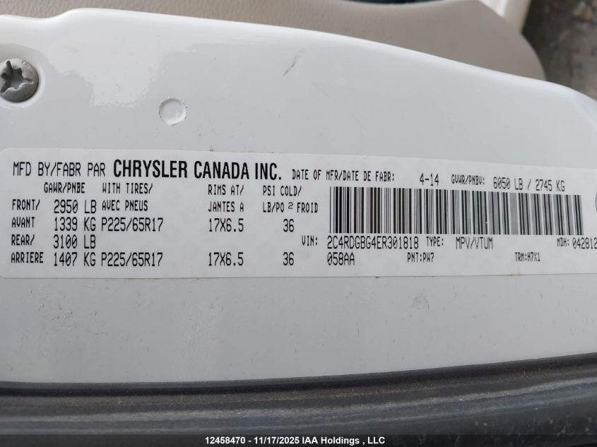 2014 Dodge Grand Caravan Se VIN: 2C4RDGBG4ER301818 Lot: 12458470