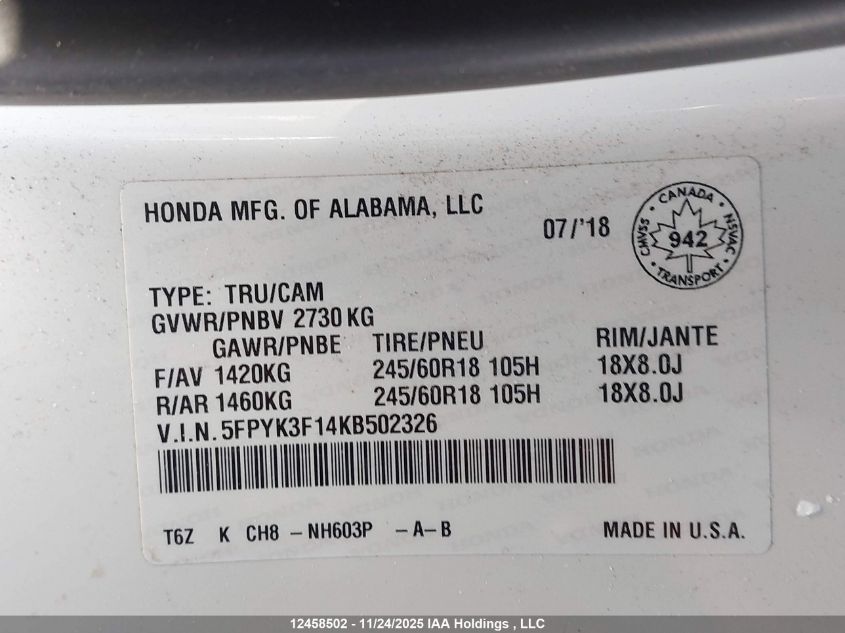 2019 Honda Ridgeline Sport VIN: 5FPYK3F14KB502326 Lot: 12458502