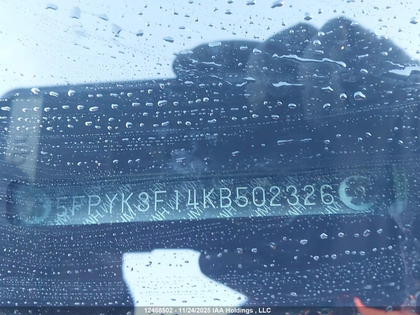 2019 Honda Ridgeline Sport VIN: 5FPYK3F14KB502326 Lot: 12458502