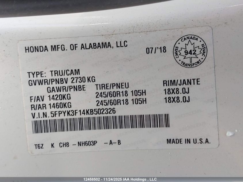 2019 Honda Ridgeline Sport VIN: 5FPYK3F14KB502326 Lot: 12458502