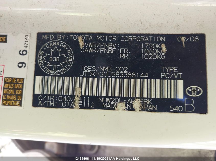 2008 Toyota Prius VIN: JTDKB20U583388144 Lot: 12458506