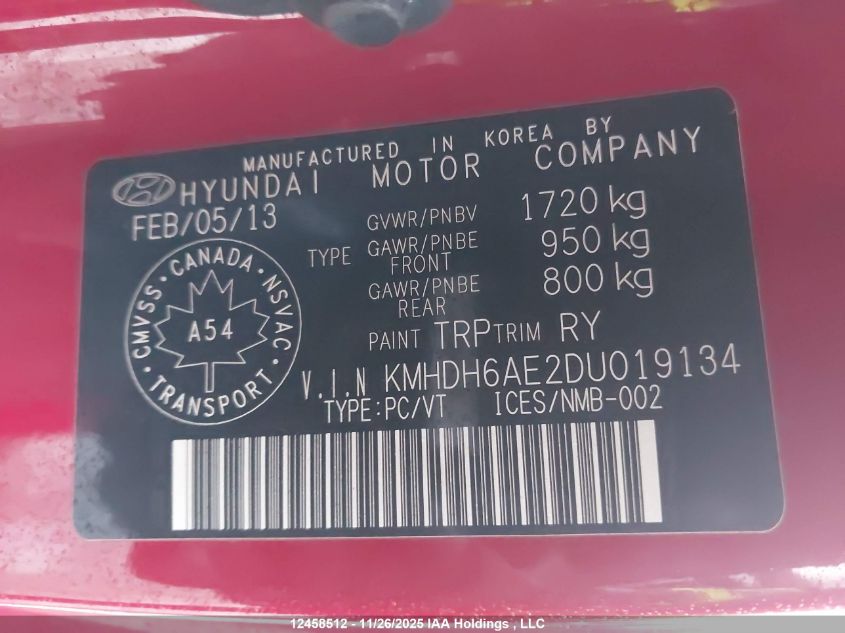 2013 Hyundai Elantra Coupe Gs/Se VIN: KMHDH6AE2DU019134 Lot: 12458512