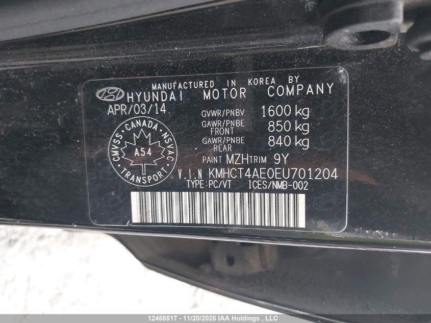 2014 Hyundai Accent Gl VIN: KMHCT4AE0EU701204 Lot: 12458517