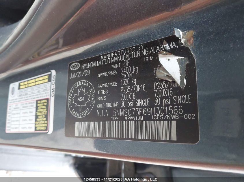 2009 Hyundai Santa Fe Gl/Gls VIN: 5NMSG73E69H301566 Lot: 12458533