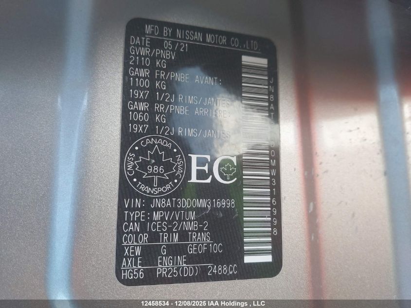 2021 Nissan Rogue Platinum VIN: JN8AT3DD0MW316998 Lot: 12458534