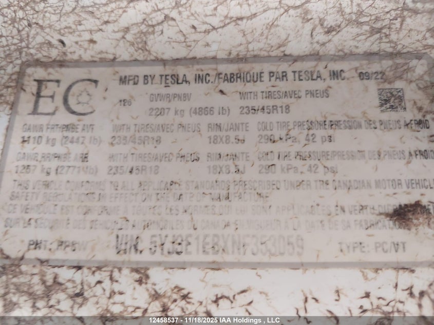 5YJ3E1EBXNF353059 2022 TESLA MODEL 3 photo no. 9