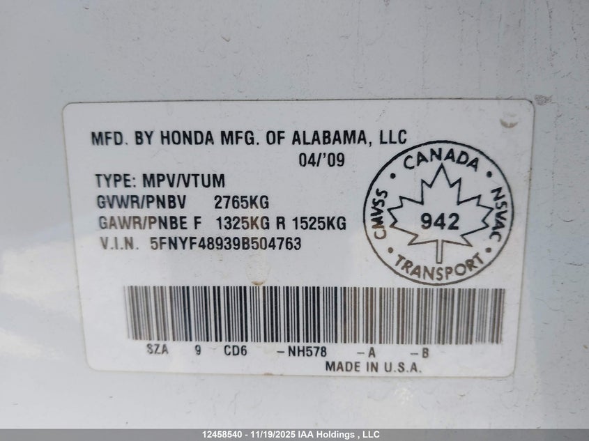 5FNYF48939B504763 2009 HONDA PILOT photo no. 9
