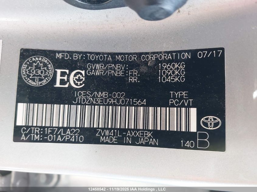 2017 Toyota Prius VIN: JTDZN3EU9HJ071564 Lot: 12458542