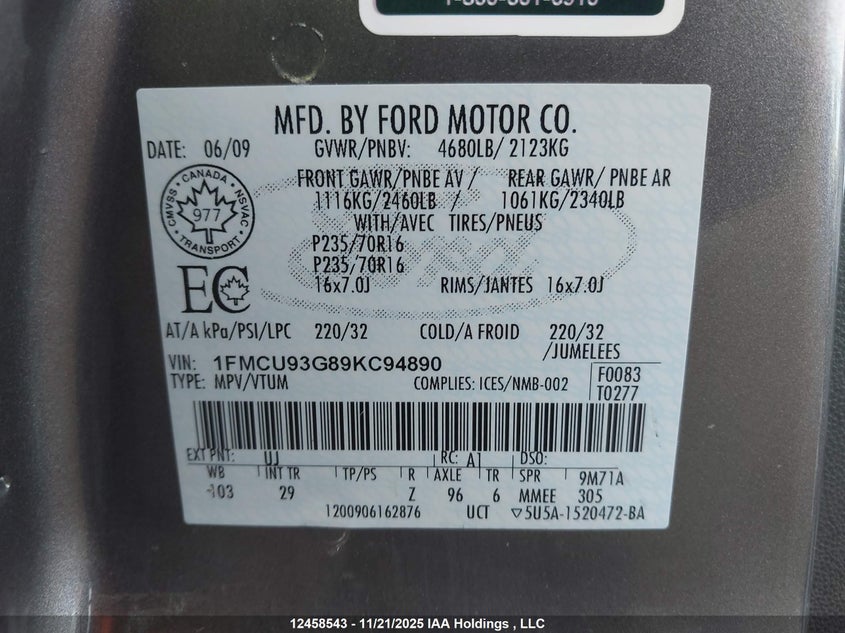 1FMCU93G89KC94890 2009 FORD ESCAPE photo no. 9