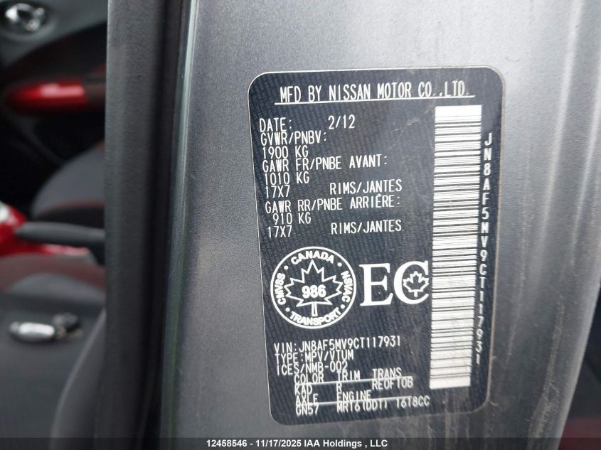 2012 Nissan Juke Sv VIN: JN8AF5MV9CT117931 Lot: 12458546