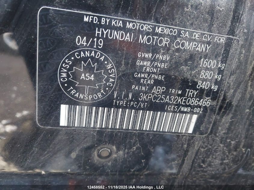 2019 Hyundai Accent Preferred VIN: 3KPC25A32KE086466 Lot: 12458552