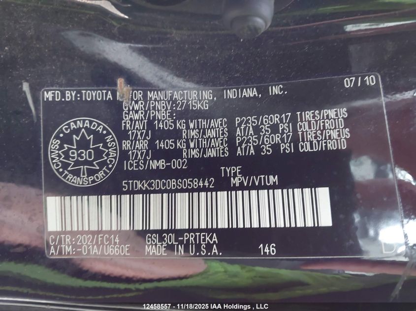 2011 Toyota Sienna Le VIN: 5TDKK3DC0BS058442 Lot: 12458557