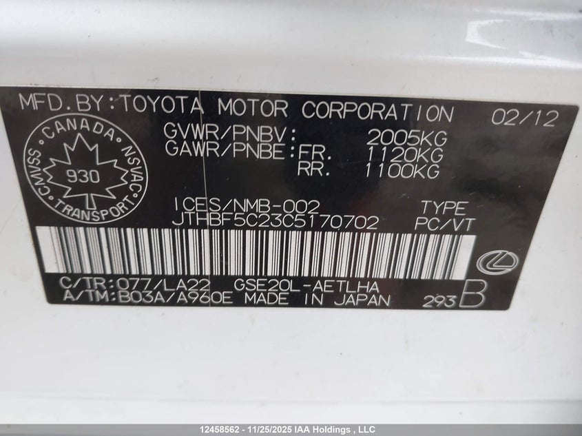 JTHBF5C23C5170702 2012 LEXUS IS photo no. 18